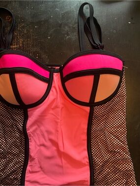 Ardene Pink Swim Tank with Black Trim and Mesh Panels